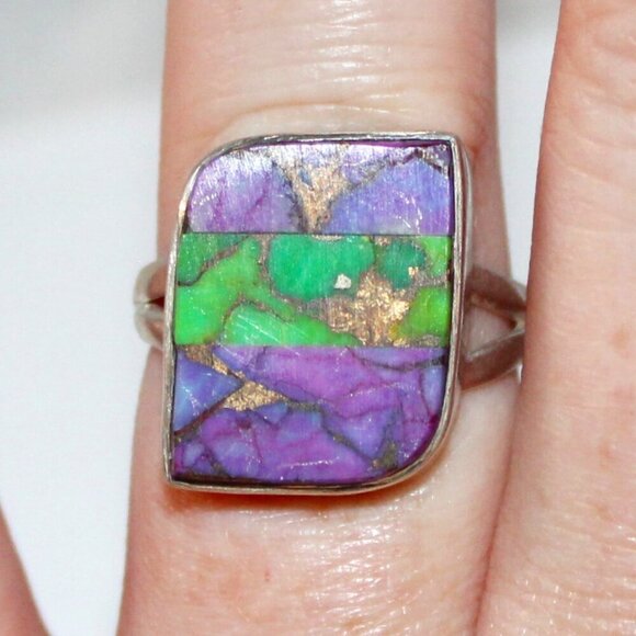 Sterling Silver Purple & Green Stone Ring - Picture 7 of 7